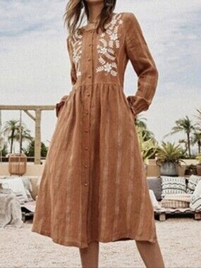 NWT - Flax-Linen Frieeah Boutique Embroidered Camel Midi Shirtdress - Size XL